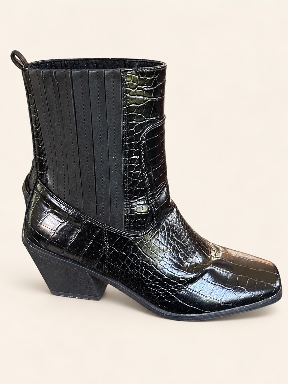 Croc-Embossed Black Heeled Ankle Boots